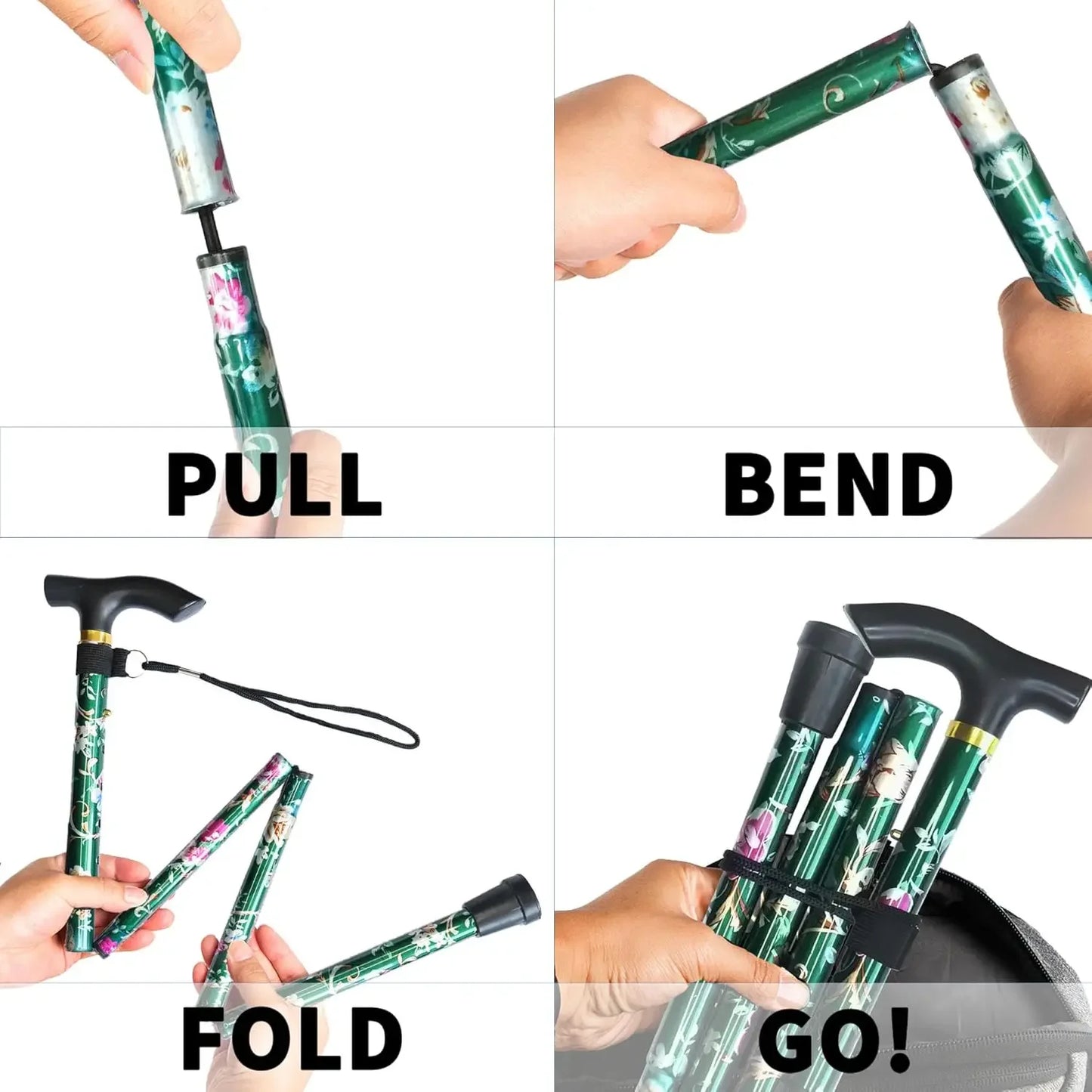 Adjustable Folding Cane With Wrist Strap Lightweight Walking Aid