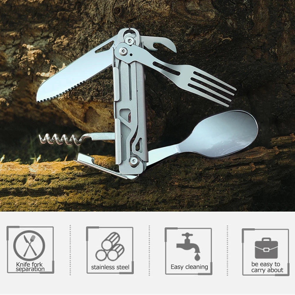 Shunmaii 6 In 1 Foldable Camping Cutlery Set Stainless
