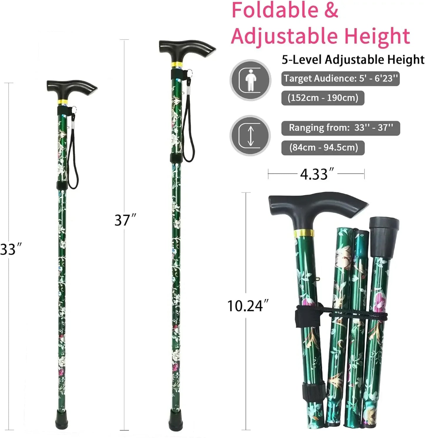Adjustable Folding Cane With Wrist Strap Lightweight Walking Aid
