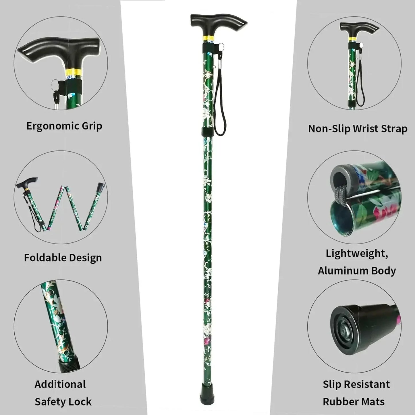 Adjustable Folding Cane With Wrist Strap Lightweight Walking Aid