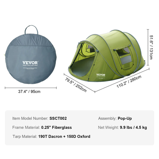 Vevor Pop Up Camping Tent For 4 Person Setup Waterproof