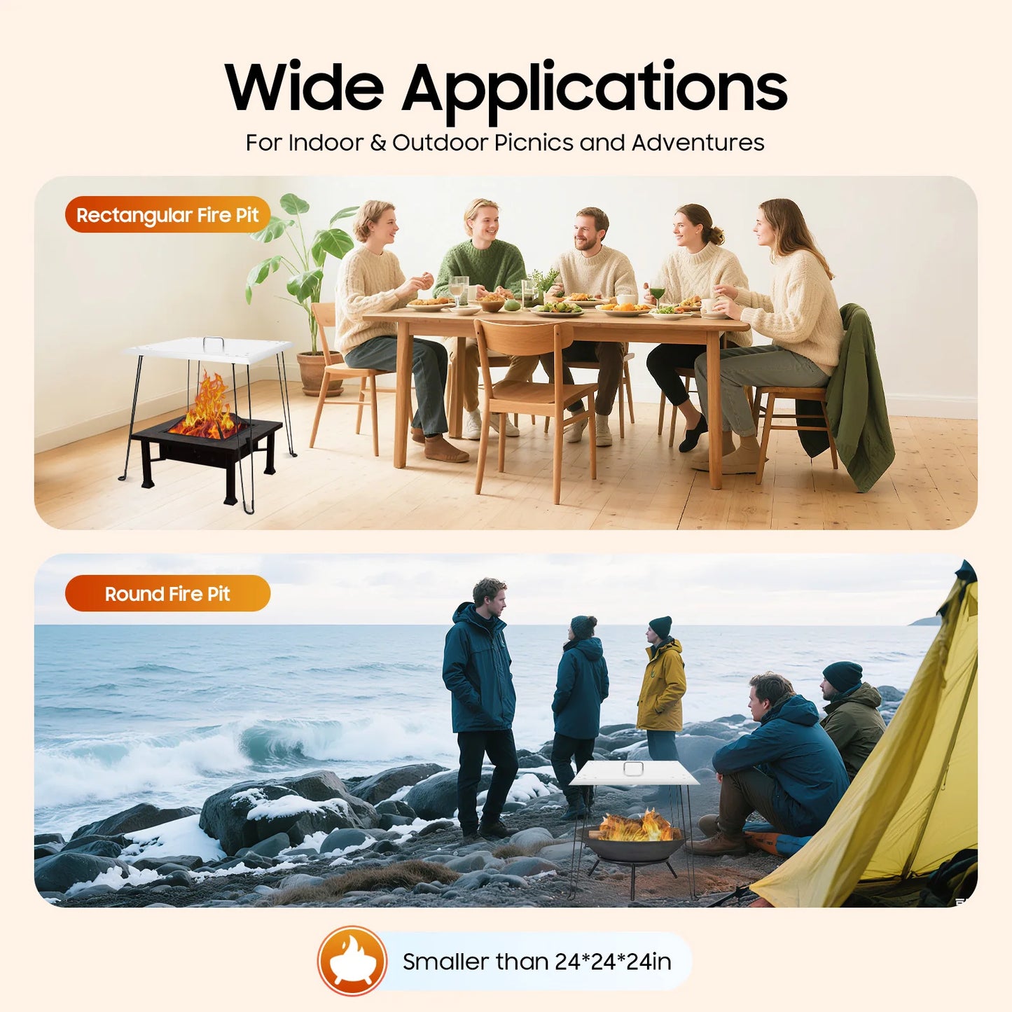 Stainless Steel Fire Pit Heat Deflector Lid, 24x24 Inch Foldable Cover with Heat Resistant Handle for Outdoor Camping Heater