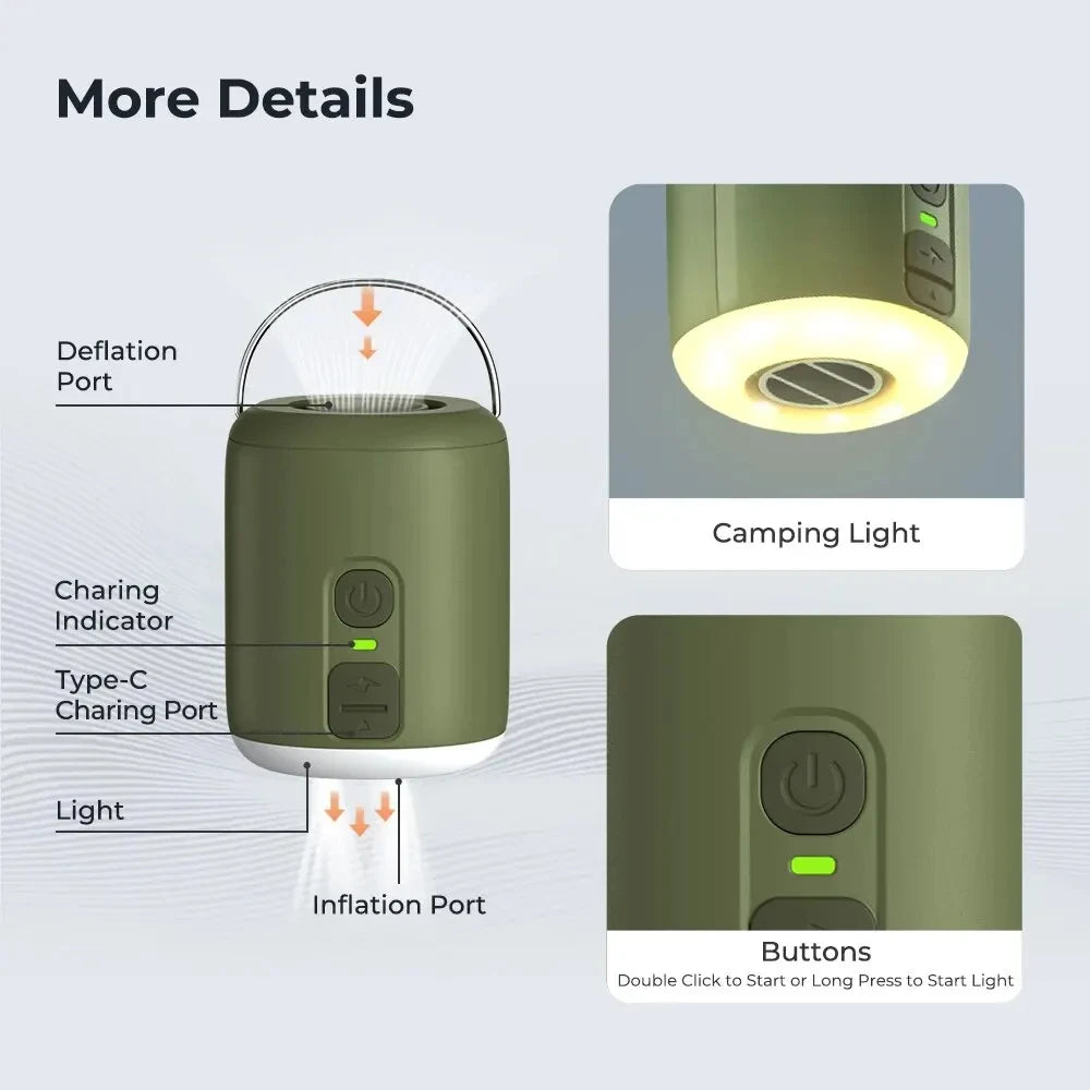 WESTTUNE Tiny Air Pump with Camping Lantern 4.5kPa Air Pump with Magnetic Design for Inflatable Air Mattress Sleeping Pads