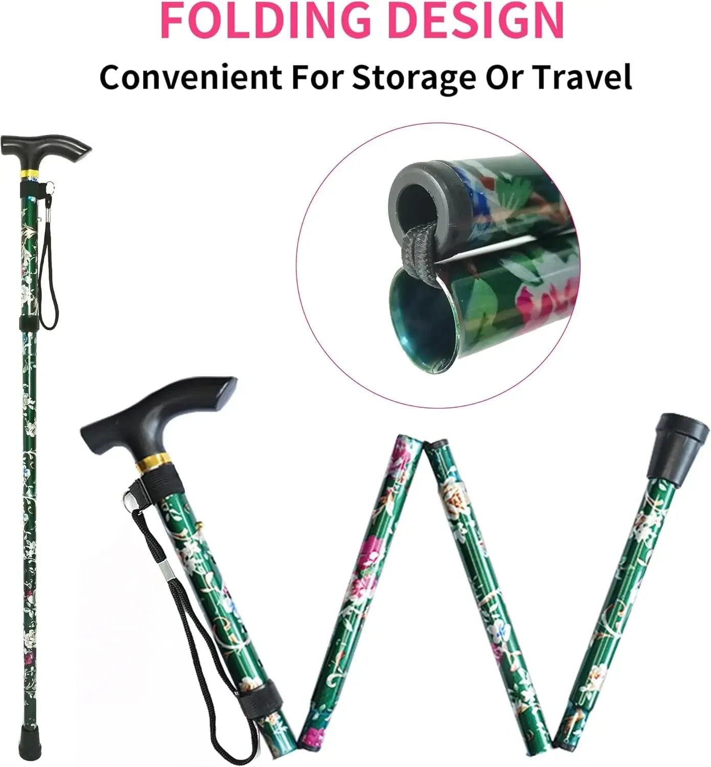 Adjustable Folding Cane With Wrist Strap Lightweight Walking Aid