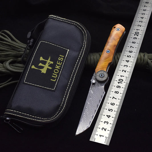 LUOKESIDIY Damascus Steel Folding Knife With Camphor Wood Handle