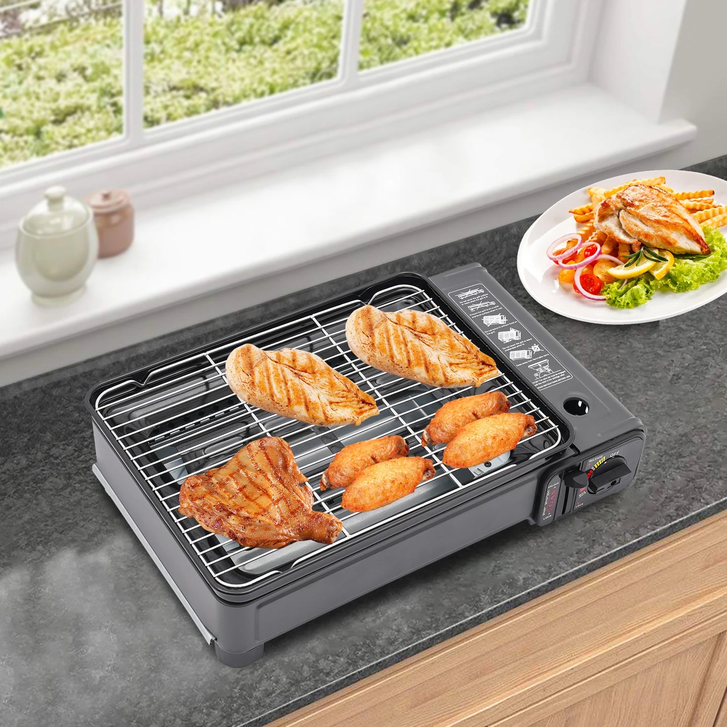 Portable Butane Grill Stove Camping Grill Gas Stove Free Standing BBQ Grill w/Grilling Net Carry Case for Camping Cooking