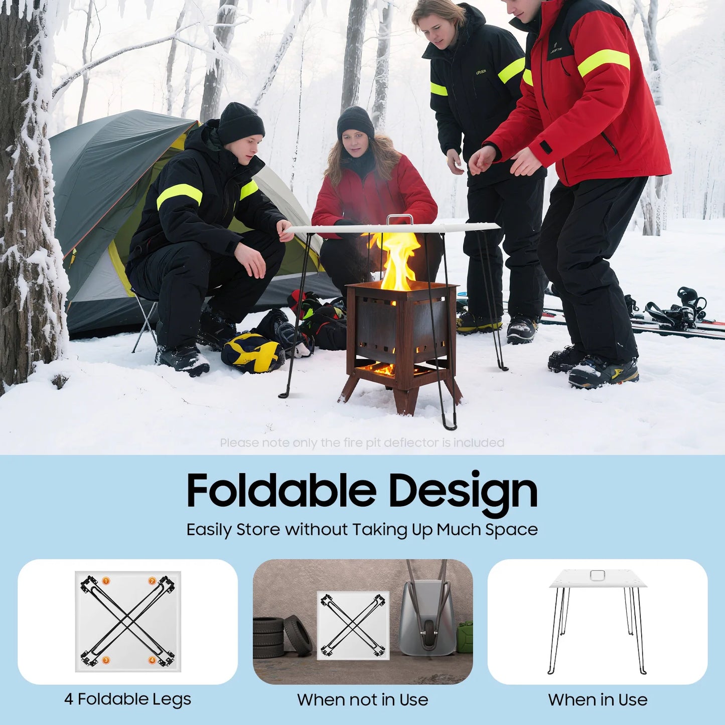 Stainless Steel Fire Pit Heat Deflector Lid, 24x24 Inch Foldable Cover with Heat Resistant Handle for Outdoor Camping Heater