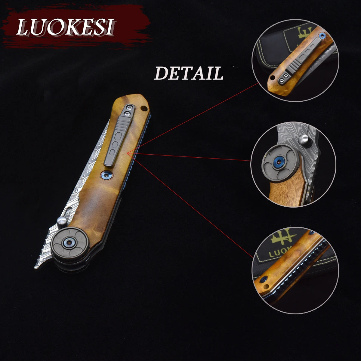 LUOKESIDIY Damascus Steel Folding Knife With Camphor Wood Handle