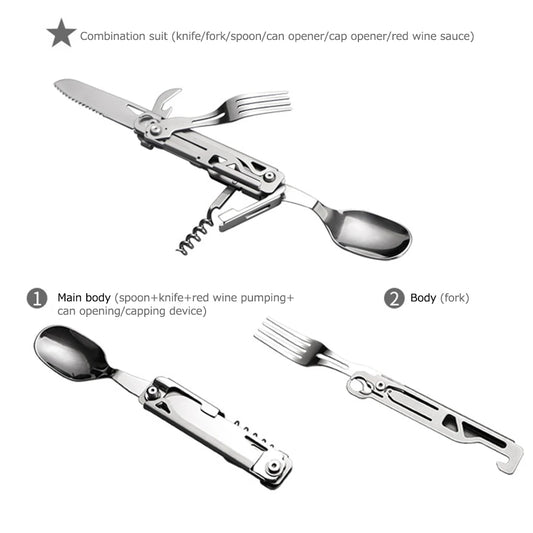 Shunmaii 6 In 1 Foldable Camping Cutlery Set Stainless