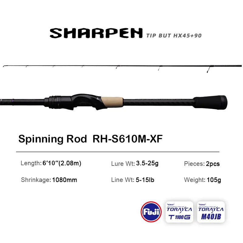 Purelure Sharpener Long Spinning Casting Rod with Fuji Components